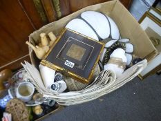 Two boxes of sundry including lamps, china and sea charts
