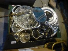 A crate of silver plated items to include trays, cruet sets, pewter tankard etc