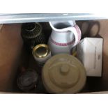 4 boxes of assorted items to include pictures, stool, flasks, stoneware, chinaware, walking sticks a