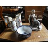 Capodimonte figurine The Watchmaker, 3 graduated Adderley jugs and a Ridgeways bowl