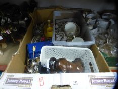 A box of ceramics and collectables to include miniature tea ware by Masons, Spode etc, Beswi