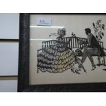 An old silhouette style cut paper picture of two figures on a bench