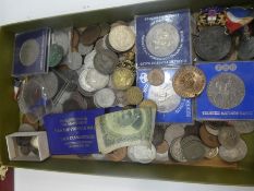 A large selection of assorted coins, some silver, some cased, also includes medallions and medal, et