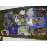 A large selection of assorted coins, some silver, some cased, also includes medallions and medal, et