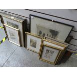 Quantity of framed and glazed pictures and prints to incl. pencil signed sketches, metal mirror etc