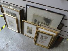 Quantity of framed and glazed pictures and prints to incl. pencil signed sketches, metal mirror etc