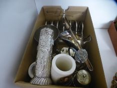 A small box of silver plate and sundry