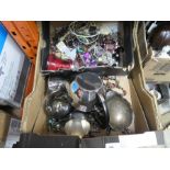 A box of costume jewellery and silver plated tea ware