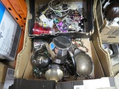 A box of costume jewellery and silver plated tea ware