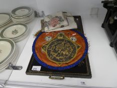 Vintage Chinese tray with collection of Oriental silks