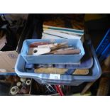 A crate of vintage woodworking tools, reference books etc