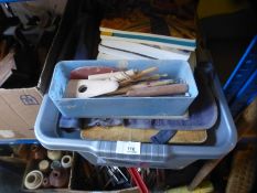 A crate of vintage woodworking tools, reference books etc