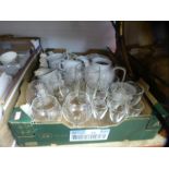 A crate of Poole pottery Dawn Ballet tea ware, Military crested china ware, glasses, swagger stick,