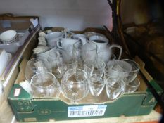 A crate of Poole pottery Dawn Ballet tea ware, Military crested china ware, glasses, swagger stick,