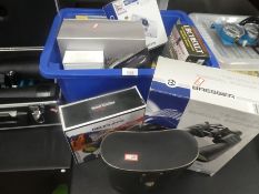 A box of mixed cameras, binoculars, Go Pro, etc