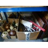 A box of various vintage tools including clamps, ratchet, file etc
