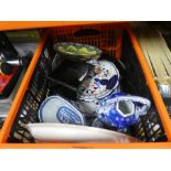 Crate of Oriental ceramics incl. blue and white dishes etc