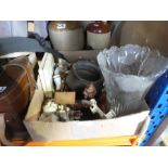 Box of crested chinaware, brass bowl, glass vase, stoneware etc