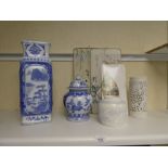 Oriental blue and white ginger jar depicting landscape, blue and white vase, ginger jar and pierced