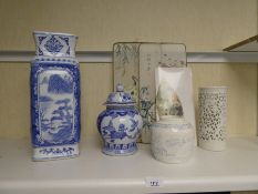 Oriental blue and white ginger jar depicting landscape, blue and white vase, ginger jar and pierced