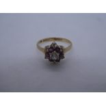9ct yellow gold ladies ruby and diamond cluster ring, size O, marked 375, 2g