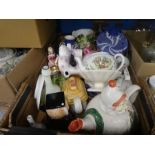 Box of mixed china incl. blue and white Oriental dish novelty teapots, Oriental vase etc