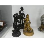 Vintage spelter model of a fisherman and another of a dancing putti, AF