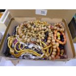 Two boxes of mixed modern costume jewellery, bead necklaces, compact et