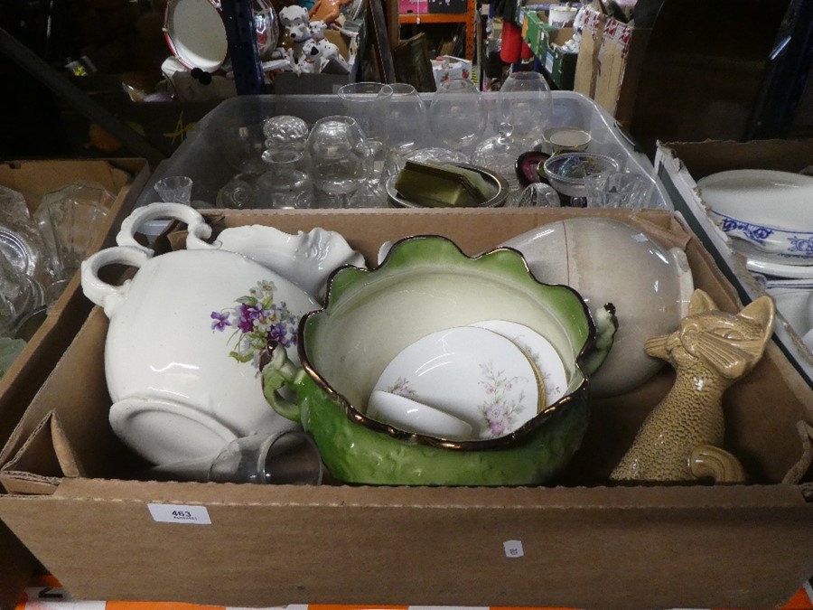 4 Boxes of mixed china and glass incl. blue and white dinnerware and 2 bamboo framed pictures - Image 2 of 8