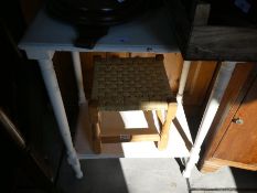 White painted table, cane stool, two wicker chairs etc