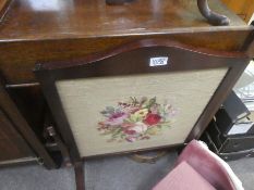 A vintage oak tea trolley, dressing table mirror and a small wine table and fire screen, two tapestr