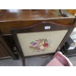 A vintage oak tea trolley, dressing table mirror and a small wine table and fire screen, two tapestr