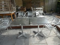 3 metal square one A/F cafe style tables and 7 chairs