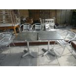 3 metal square one A/F cafe style tables and 7 chairs