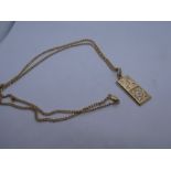 9ct yellow gold neckchain hung with a 1/4 ounce pendant in the form of a bullion bar inset with a wh