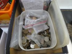 A box of vintage coinage, ration books, postcards etc