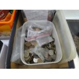 A box of vintage coinage, ration books, postcards etc