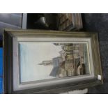 Wooden framed oil on canvas of a city scene, signed R. Lambert