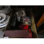 Crate of collectables incl. carved games box, playing cards, bridge accessories etc