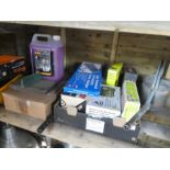 Garage trolley jack, other garage items to incl. 2 foot pumps, screen wash, battery charger etc