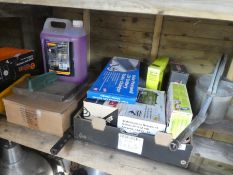 Garage trolley jack, other garage items to incl. 2 foot pumps, screen wash, battery charger etc