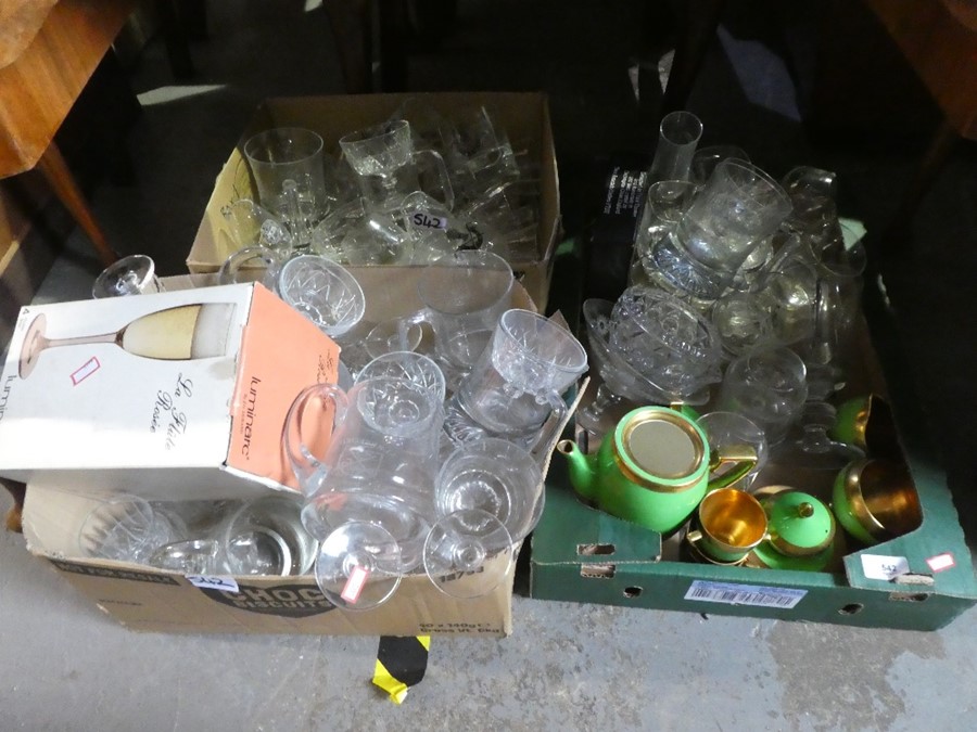 3 Boxes of mixed glassware, green Carltonware coffee set etc