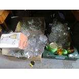 3 Boxes of mixed glassware, green Carltonware coffee set etc