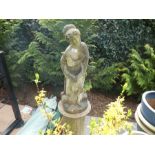 Stone effect garden statue of a lady on a plinth