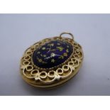 9ct yellow gold Victorian style locket with blue enameled floral decorated panel, marked 9, 18.9g, a