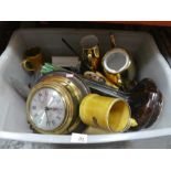 Box of mixed china and glass sundry items to incl. clock, tankards, glass eagle etc