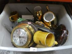 Box of mixed china and glass sundry items to incl. clock, tankards, glass eagle etc