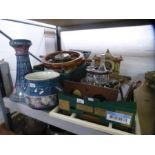 Two boxes of collectables to include barometers, clocks, vintage telephone, Jersey pottery and a mir