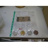 Four coins to include an 1876 trade dollar, 1864 Confederate two dollar note etc