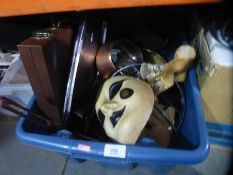 Box of collectables to include masks, tea caddy, copper pans, cased backgammon etc